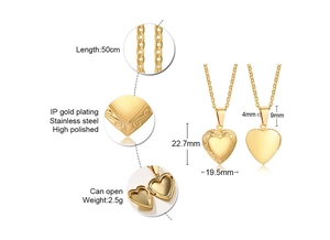 Detail of gold heart locket necklace showing 50cm chain length and 22.7mm pendant size