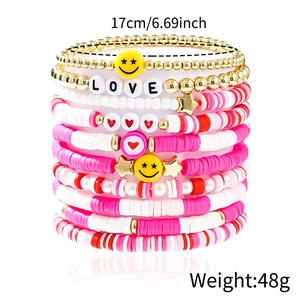 Detail of multi-layer beaded heart bracelet set with LOVE charms and size specifications