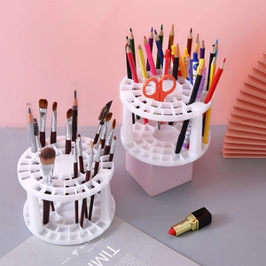 White circular desk organizer rack with multi-hole design for pens and makeup brushes
