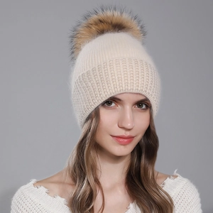 Chic knit wool beanie for women with large real raccoon fur pom pom in cream white color