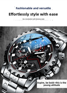 Macro view of a silver stainless steel sports watch with black dial and water droplets