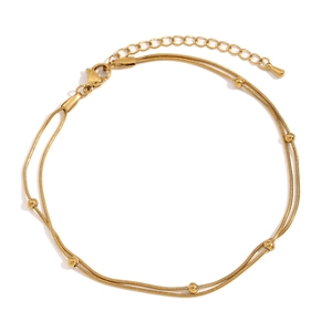 18K gold plated stainless steel double-layer snake chain bracelet with round beads
