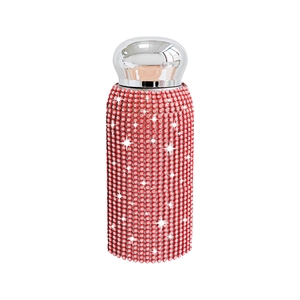 Sparkling red rhinestone-covered stainless steel thermos bottle with silver lid