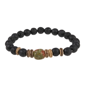 Detail of elastic bracelet with black lava stone, wood beads and crown accent