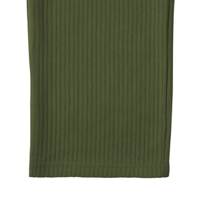 Detailed close-up showing the green ribbed knit fabric texture and high-quality hem stitching