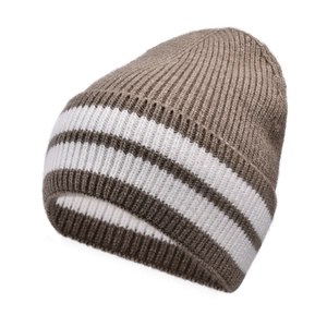 Close-up of brown striped wool knit beanie showing soft ribbing and thick texture