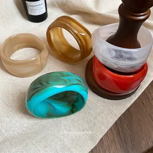 Vintage irregular resin wide bangles with marble and amber texture in five colors