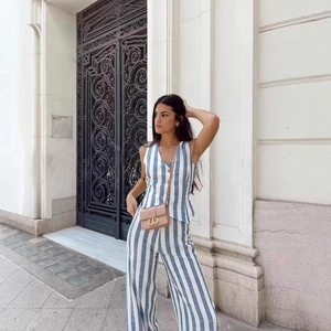 Ensemble Gilet Rayé Et Pantalon Large Haut Sans Manches Col En V Pantalon Polyester Style De Vacances Décontracté Femmes