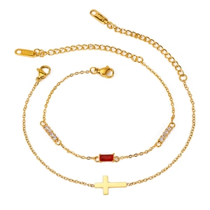Double-layer stainless steel gold bracelet with red zircon and cross pendant for women