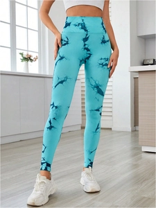 Leggings de yoga sans couture taille haute avec motif tie-dye bleu et ceinture large