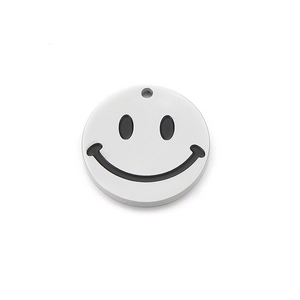 Polished stainless steel smiley face charm pendant for DIY jewelry making on white background