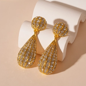 Oversized Teardrop Dangle Earrings Alloy Rhinestone Hollow Geometric Statement Jewelry For Women With Silver Earring Post