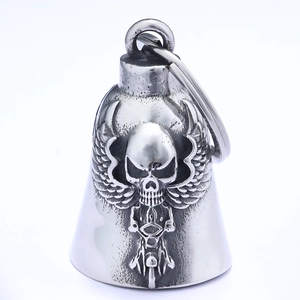 Stainless steel motorcycle guardian bell pendant with skull and wings in silver finish