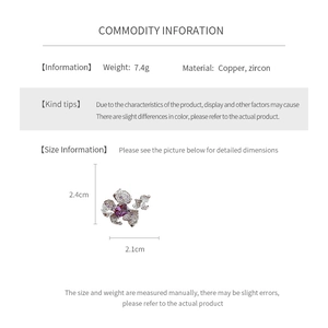 Detailed spec sheet showing a purple zircon flower ring with copper base and exact dimensions