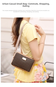 Close-up of brown crossbody bag with circular pattern and gold metal hardware plate
