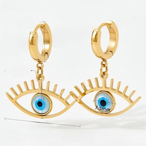 Detailed size specifications for gold evil eye earrings with blue enamel finish