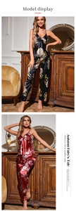 Lace-up satin pajama sets with floral print shown in black and burgundy colors