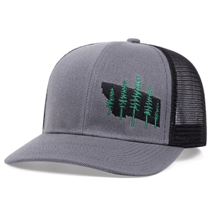Outdoor mesh trucker hat with three pine trees embroidery on charcoal gray crown