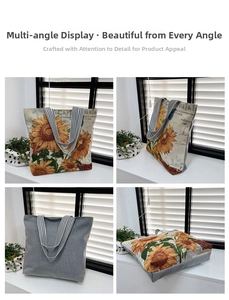 Detailed four-way view of sunflower canvas tote bag with striped straps and grey back