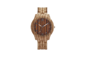Detailed view of light wood grain texture on circular dial with Arabic numerals