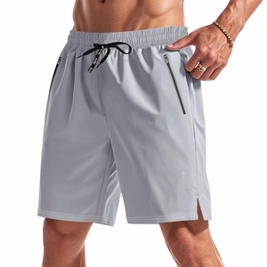 Men's loose quick-dry shorts in light gray with drawstring waist and zip pockets