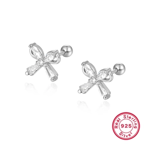 Elegant S925 sterling silver bow stud earrings with sparkling zircon and screw backs