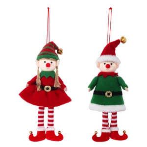 Adorable Christmas elf plush ornaments in red and green with festive hanging ropes