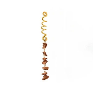Detail of golden spiral braid hair ring with hanging natural brown stone pendants
