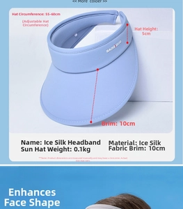 Detail showing adjustable 55-60cm ice silk sun visor with 10cm wide brim measurements