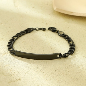 Minimalist black stainless steel chain bracelet with a flat rectangular bar and lobster clasp