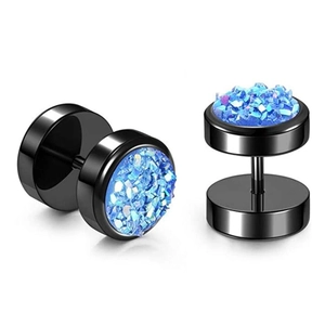 Detailed macro view of black stainless steel dumbbell earrings with blue druzy stone inlay