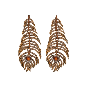 Luxurious feather drop earrings in vintage gold with amber rhinestones and crystals