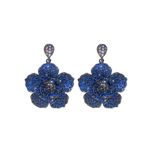 Navy blue crystal rose stud earrings with gunmetal base on a white background