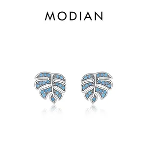 Monstera Leaf Stud Earrings With Turquoise 925 Sterling Silver Earring Post Tropical Plant Style Jewelry For Women