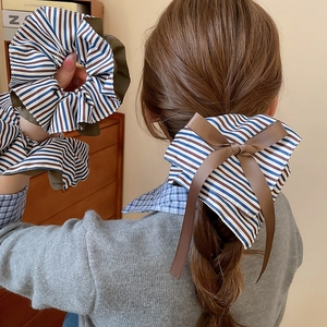 Détail d'une pince à cheveux en tissu rayé et d'un chouchou sur une coiffure tressée