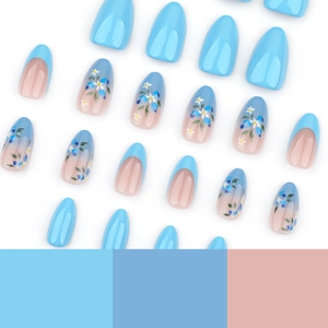 French blue gradient press-on nails with floral patterns and solid sky blue finish