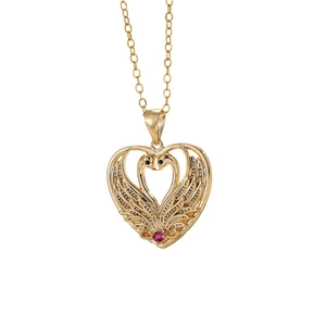 Golden heart-shaped swan necklace featuring a vibrant red gemstone pendant on a gold chain