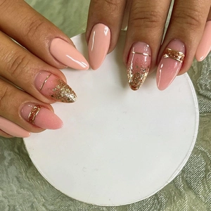 Faux Ongles Press On Amande Rose Pêche Dégradé Paillettes Dorées Brillants Ongles Artificiels Pour Femmes