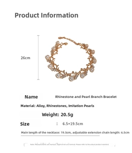 Detail view of pearl branch bracelet with 26cm total length and rhinestone accents
