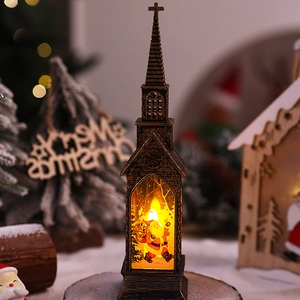Close-up of vintage bronze Christmas lantern with Santa scene on a rustic wooden stand