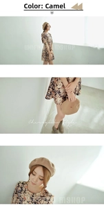 Three-panel view of a camel wool beret styled with a floral dress and brown boots
