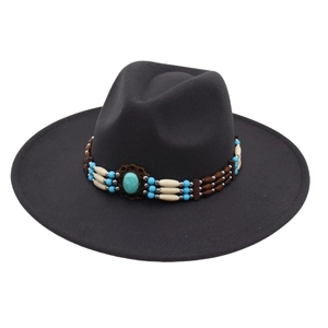 Dark grey wool wide brim fedora hat with bohemian turquoise beaded ethnic band