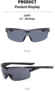 Front and side views of matte grey semi-rimless sports sunglasses with dark lenses