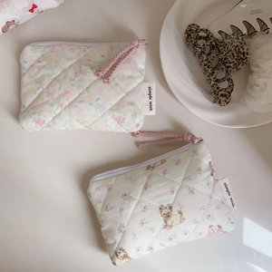 Quilted floral and cartoon dog mini cotton pouch bags with zip closure and soft padding