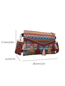 Detail view of ethnic crossbody bag with fringe decoration and dimension labels