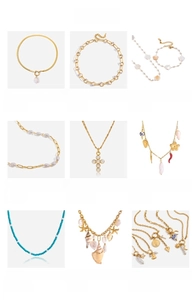 Detailed collection of 18K gold stainless steel necklaces and pearl jewelry pieces
