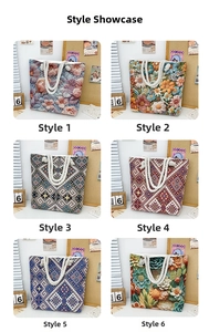Detail view of ethnic canvas tote bags with various floral and geometric embroidery patterns