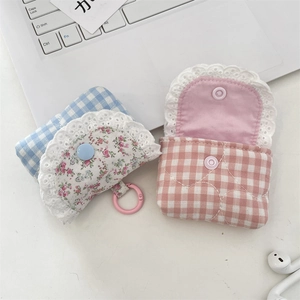 Lace-trimmed blue floral and pink checkered wireless earphone protective cases