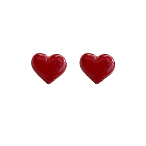 Vintage red heart stud earrings with silver needles and smooth drip oil finish for women