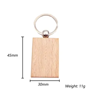 Detailed view of rectangular beech wood keychain with 45mm x 30mm dimensions